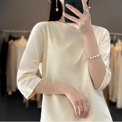 Camiseta de manga corta de algodón mercerizado para mujer primavera y verano 2023 nueva camiseta hol